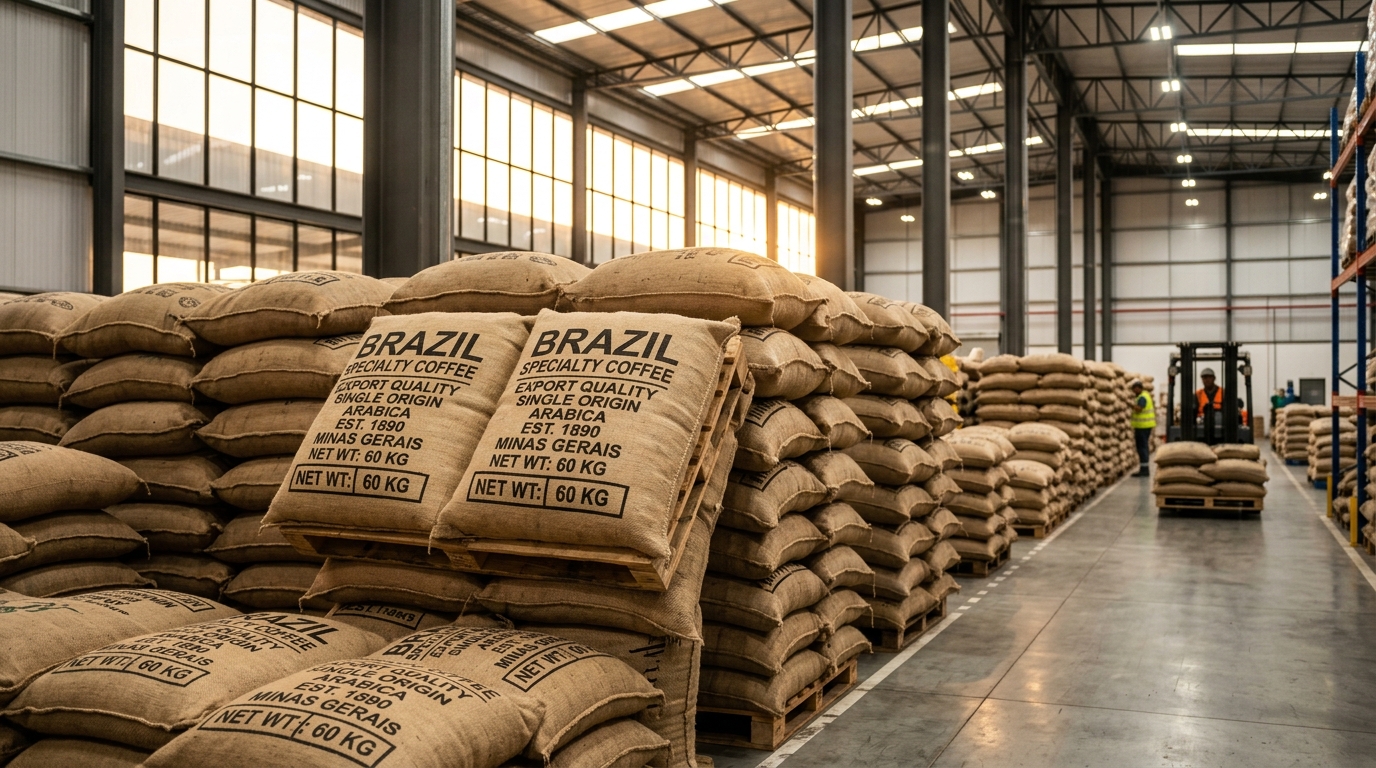 Armazém de sacas de café para exportação
